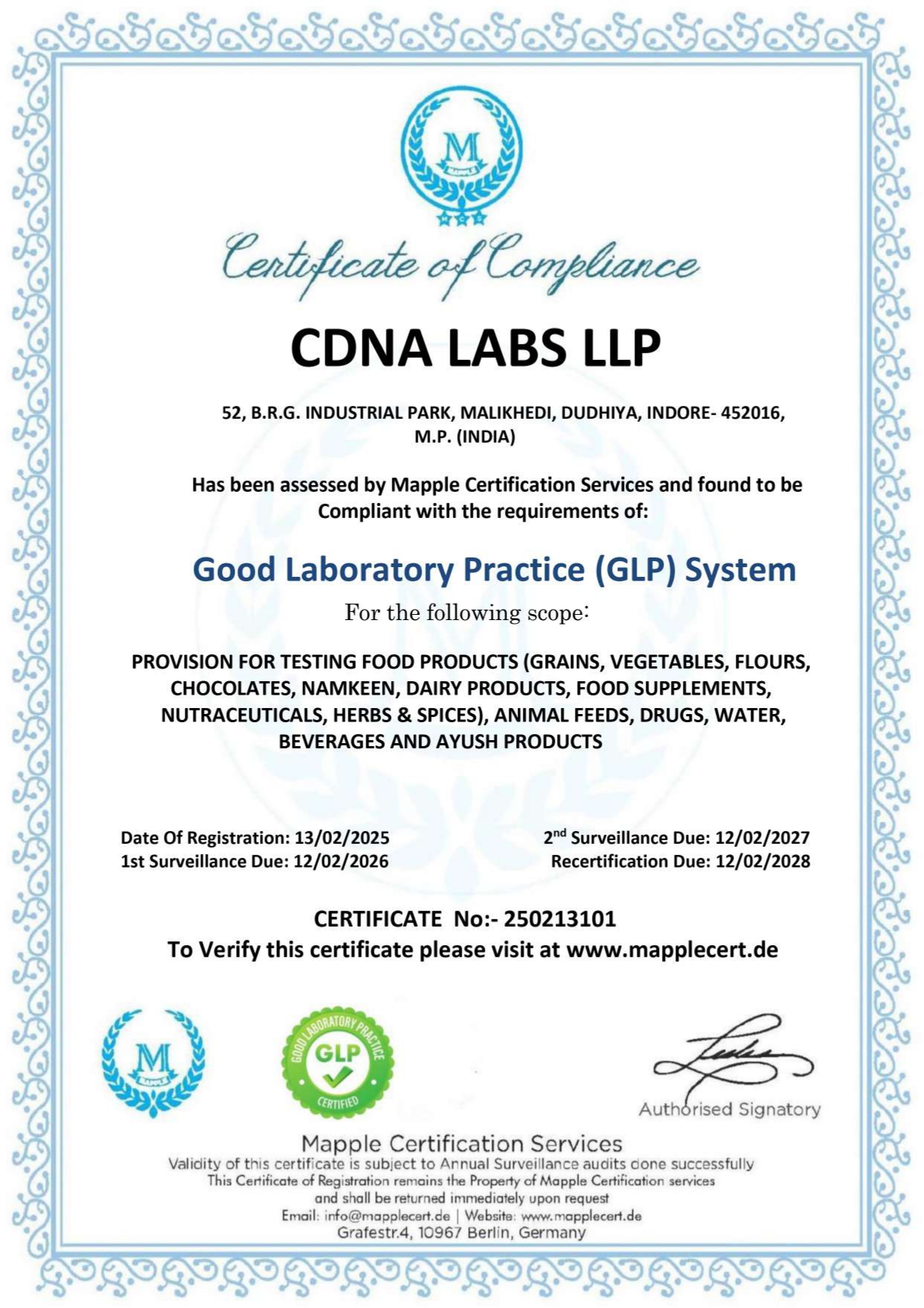 GOOD LABORATORY PRACTICE CERTIFICATE (GLP)