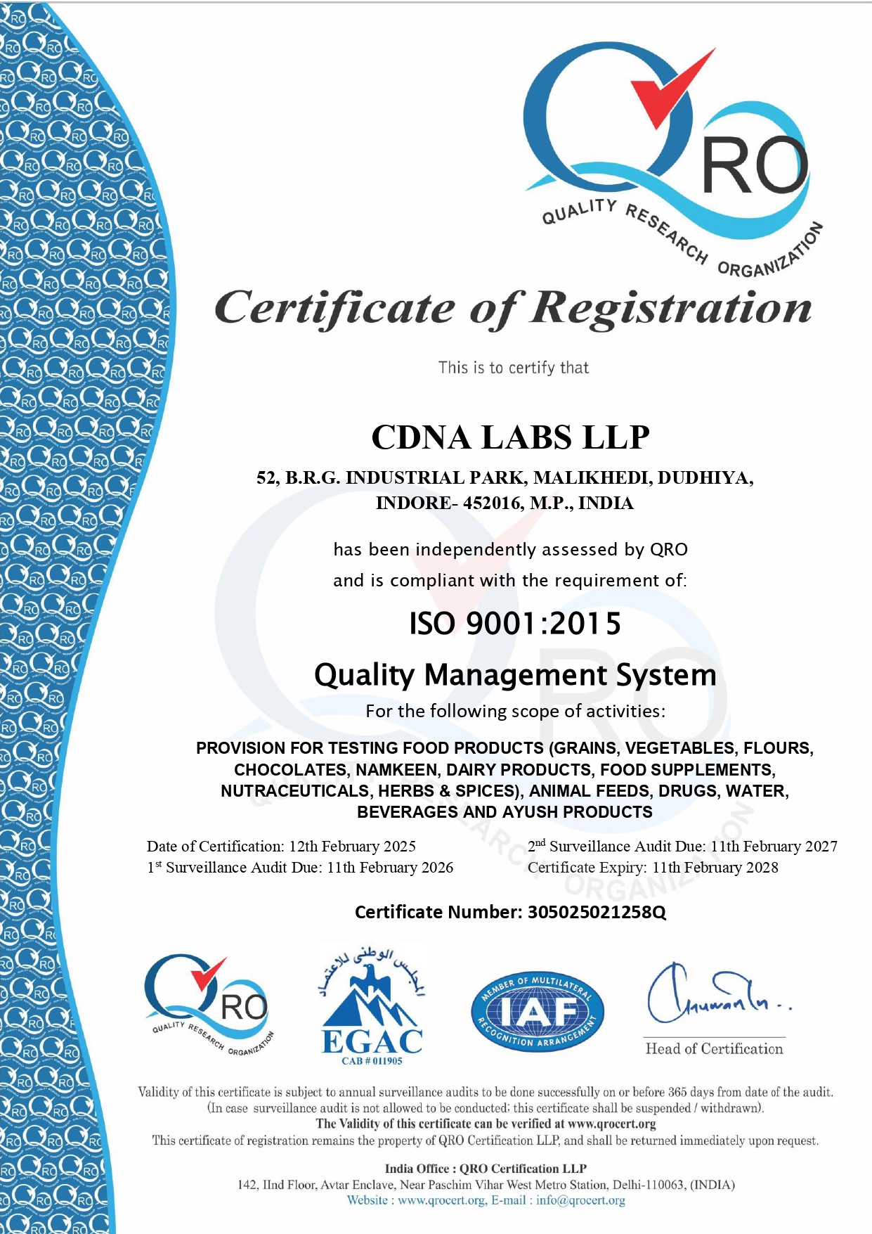 QUALITY MANAGEMENT SYSTEM CERTIFICATE ISO 9001 2015